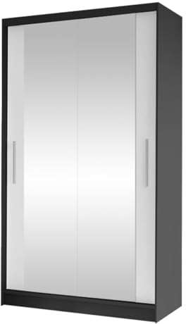 Mirjan24 Kleiderschrank Margite VII mit 2 Spiegel, Kleiderstange und 5 Fächer, Schlafzimmerschrank, Flurschrank, Garderobenschrank, Schwebetürenschrank (schwarz/weiß)