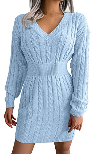 Abito da donna a maglia con motivo a treccia, a maniche lunghe, con scollo rotondo, elegante, per il tempo libero, con scollo a V, per feste, autunno e inverno, Blu, S