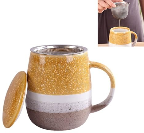 Xfeyaqlo Taza Infusiones con Tapa y Filtro Colador Te, Taza Te Cafe, Tazas Originales para Regalar, Ceramica, 400ml, Apta para Uso Diario (Amarillo)