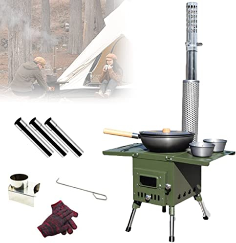Poêle à bois de camping, poêle de tente de camping, poêle à bois de tente portable avec 3 tuyaux de cheminée, poêle de chauffage pour tentes, voyages et camping, L