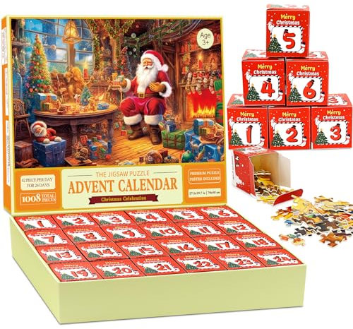 Calendario de Adviento 2025 Rompecabezas, 24 Días de Navidad Calendario de Adviento Cuenta Atrás Puzzle, 1008 Piezas Puzzle de Navidad Regalos para Niños Adolescentes Adultos