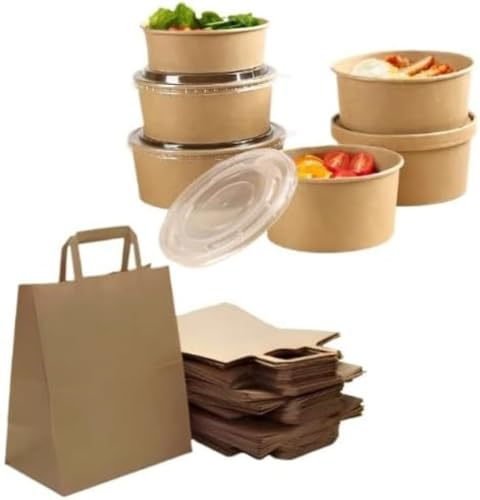 HOT BARGAINS 50 X 35oz Disposable Salad Bowls with Lids + 50 Large Brown Paper Bags (26x14x29cm) Takeaway Eco Friendly (35oz)