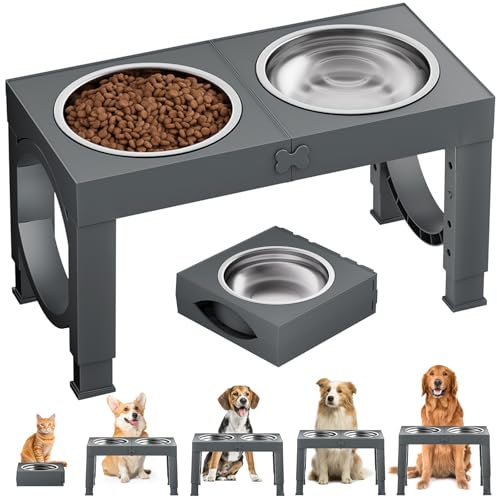Aystkniet Raised Dog Bowls for Small Medium Large Dogs, 5 Height Adjustable Dog Bowl Stand to 8cm 23cm, 27cm, 31cm, 35cm, with 2 Stainless Steel Dog Food Bowl, Elevated Dog Bowls for Traveling