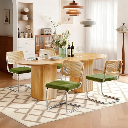 SoarTalent Rattan Back Velvet Dining Chair Set of 4 Modern Breuer Designed Stainless Chrome Base Armless Upholstered Dining Chair for Dining Room, Kitchen Island(Olive Green)