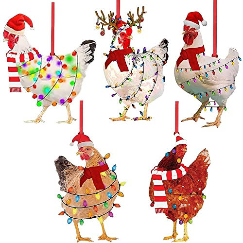 5 Stück Holz Weihnachtsanhänger Huhn, Huhn mit Schal Weihnachtsbaum Anhänger Lustiges Huhn Figur Weihnachtsschmuck Garten Balkon Tür Fensterbaum