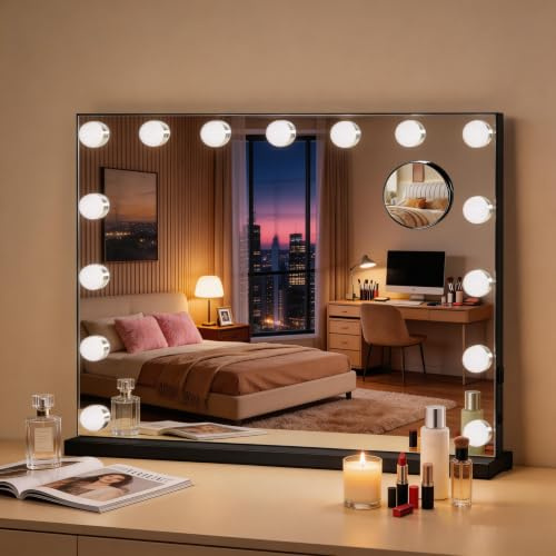 YU YUSING Specchio Trucco con Luci Hollywood, 58X45cm Specchio 15 Lampadine | Specchio Led Trucco con porta USB, 3 Colori, Specchio da Tavolo, 10X, Specchio Cosmetico da Parete, Controllo Tattile, Nero