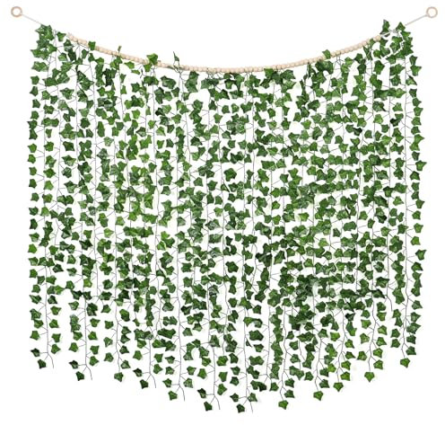 Weldomcor 12 Pack 86 FT Artificial Ivy Garland Fake Ivy with Wood Beads UV Resistant Green Leaves Fake Plants Realistic Artificial Hanging Plant for Home Room Wall Office Wedding Balcony Garden Decor