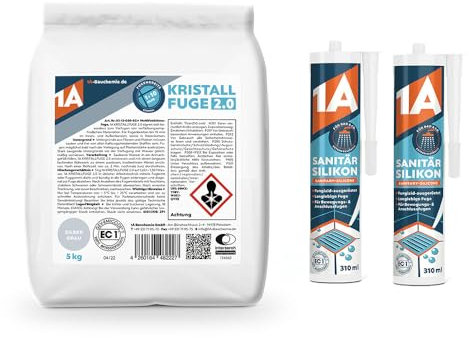 1A Kristallfuge 2.0 silbergrau 5kg + 1x Fugbrett Moosgummi + 1x Fliesenwaschbrett 30mm – Alles für präzises Verfugen und gründliche Reinigung Ihrer Fliesen in einem Set