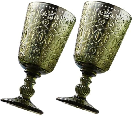 OKUMEYR Vintage Embossed Ribbed Wine Glass Goblets, 2pcs Glass Cup Set, 350ml Reusable Green Cocktail Goblet for Bars and Offices, Decorative Liquor Cup