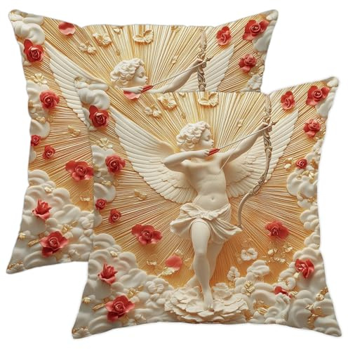Juego de 2 fundas de almohada con alas de ángel, fundas de cojín decorativas color crema y dorado, almohadas decorativas de primavera para el hogar, sofá, cama, decoración romántica de vacaciones, 20