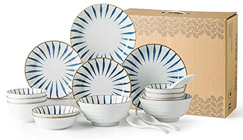 Set di stoviglie per 4 persone, set da tavola giapponese, set di piatti in ceramica ad alta temperatura, piatti e ciotole blu e bianchi, lavabili in lavastoviglie e adatti al microonde, per la casa,