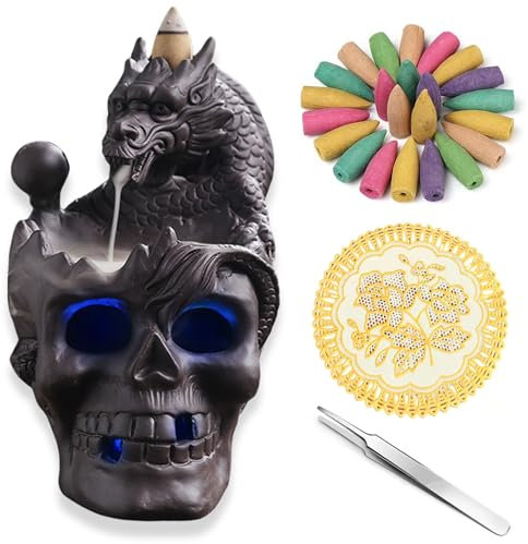 JanYoo LED Rückfluss Räuchergefäß Drache Totenköpfe Räucherstäbchen Halter Räucherstövchen für Meditation Yoga Home Zen Wohnzimmer