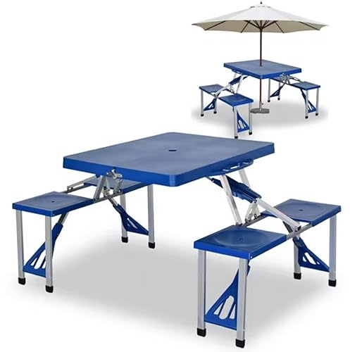 BAKAJI Set Tavolo Tavolino Pieghevole PIC NIC Campeggio Struttura in Alluminio con 4 Sgabelli Pieghevole a Valigetta, Ideale per Il Campeggio, Picnic, Mare, Spiaggia, Giardino (Blu)