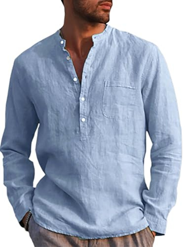 Runcati Camisa de lino para hombre, manga larga, algodón, lino, camisa de ocio, corte regular, para playa, verano, azul claro, L