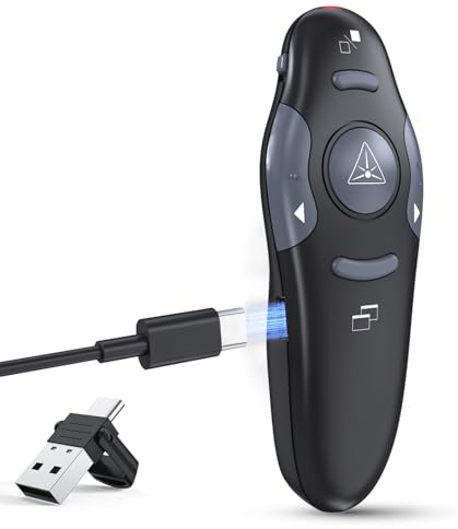 Presenter PowerPoint - Mando a distancia con puntero de luz rojo, conexión inalámbrica de 2,4 GHz a través del receptor USB-C, mando a distancia para Windows/Mac/Linux/Android/PowerPoint (no batería)