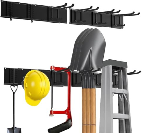 RHSHANLICUN Metall-Gartengerätehalter,Gerätehalter Wandhalterung 150kg，Garagen-Werkzeug-Management-Wandregal mit 2 Halter + 6 Doppelhaken für Gartenwerkzeug in Garage, Garten, Keller (Schwarz)