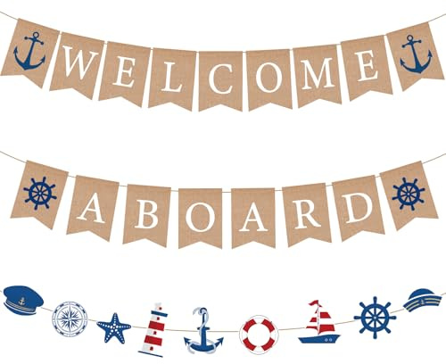 VitalCozy 3 Pcs Jute Burlap Welcome Aboard Banner Rustic Vintage Nautical Sailboat Lighthouse Hanging Bunting Nautical Garland for Baby Shower Birthday Party Nursery Garland Decorations