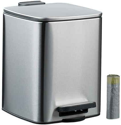 Relaxdays Kosmetikeimer, 6 L, Absenkautomatik, entnehmbarer Inneneimer, Metall, Bad Mülleimer, inkl. Müllbeutel, Silber