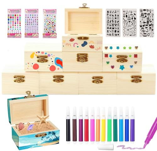 8 Stück Schatztruhe Kindergeburtstag, Schatzkiste Holz Bastelset, Kleine Schatztruhe Kinder, Holzkästchen mit Deckel, DIY Kleine Holzkiste mit Diamantaufkleber für Bemalen und Basteln Geburtstags