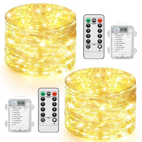 2 Stück Lichterkette Außen Batterie, 10M 100LED Weihnachtsbeleuchtung Außen Wasserdicht mit Timer und Fernbedienung, Led Lichterkette Innen Aussen für Weihnachten Garten Hochzeit Balkon, Warmweiß