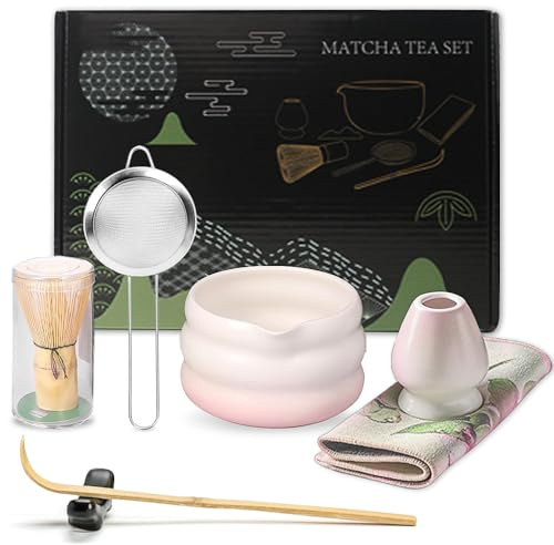 YANGUN 7Pcs Matcha Whisk Set, Matcha Tea Set with Bamboo Whisk, Ceramic Bowl, Scoop & Holder, Complete Matcha Making Kit, Reusable Matcha Making Kit for Traditional Japanese Tea Ceremony