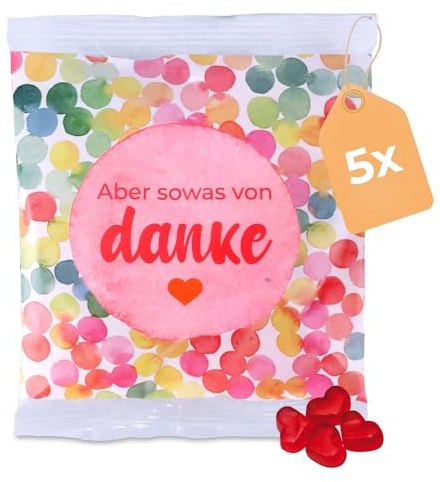 Fruchtgummi Herzen 5er Pack à 50 g – Aber sowas von danke – leckere Trolli Gummiherzen-Tüten mit 10% Fruchtsaft – perfektes Dankeschön, Give-away, Gastgeschenk oder Mitgebsel für jeden Anlass