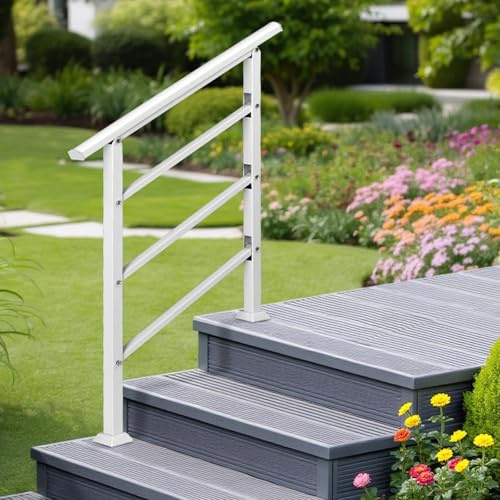 Bonnlo Treppengeländer außen für 1-3 Stufen, Handlauf weiß matt für Veranda, Geländer außen für Treppen, aus Metall 97x48cm(HxB)