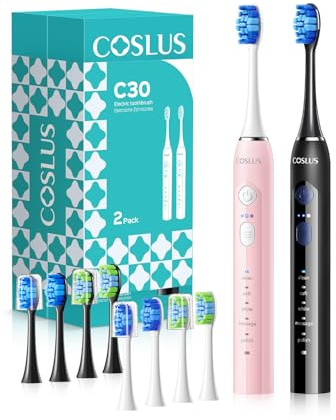 COSLUS C30 Electric Toothbrush for Adults & Kids: 3 Intensities & 5 Modes for Effective Yet Gentle Ultra-Clean Feel, 2 Types of Heads for Gentle & Daily Care, Black & Pink, 2PCS | 3 Intensities & 5 Modes, 2 Types Soft or Medium Firm Heads, Daily Care, Compact for Travel Use, Black & Pink, 2PCS