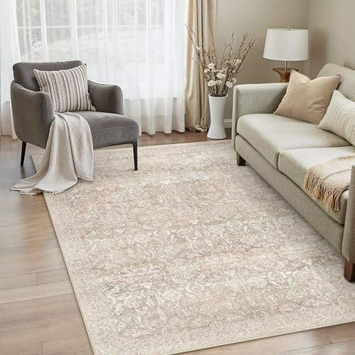PureCozy Vintage matta vardagsrum 140 x 200 cm beige sovrum vardagsrumsmatta tvättbar stor matta mjuka halkfria mattor matsal kontor kort lugg tepich
