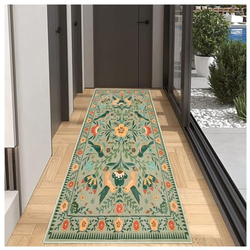 BORKOY Tappeto Runner Extra Lungo 1.2 Metro Stile Boho con Motivo Fiori Antiscivolo Lavabile Passatoia Corridoio Verde Scuro per Interni Casa Camera Soggiorno Cucina Scendiletto 50x120cm