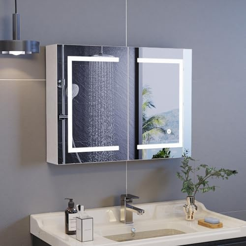 Aneutr Spiegelschrank mit LED-Beleuchtung, 3 Farben, 80 x 13,5 x 60 cm, Wandschrank, Badezimmerspiegel, LED, Doppeltür, 2 Ebenen, höhenverstellbare Ablagen (80 x 13,5 x 60 cm)
