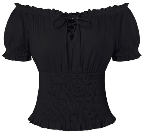 Scarlet Darkness Hauts d'été en coton pour femme à manches courtes, blouses froncées, lacets, épaules dénudées, style Renaissance, chemises de pirate, Noir , XXL