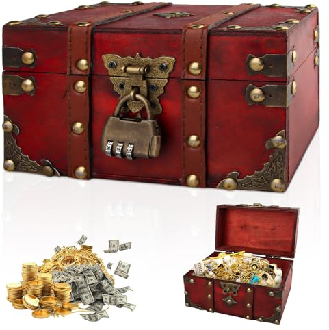 Cofre del Tesoro Pirata de Madera Vintage con Candado Secreto - 18x11x10 cm - Caja Artesanal para Niños, Guarda Joyas, Monedas y Secretos y Decoración | Regalo Cumpleaños Infantiles + Aventura (Rojo)