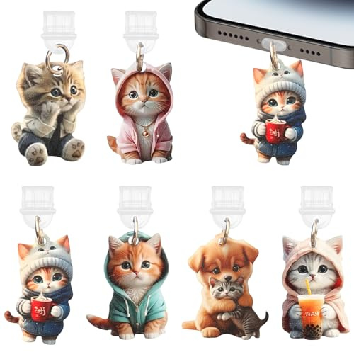 Cheynn 6 stycken söta USB C dammskydd skyddskåpa, silikon typ C-port laddare skydd med katter hänge USB C dammplugg skydd laddningsgränssnitt dammtät kontakt för mobiltelefoner