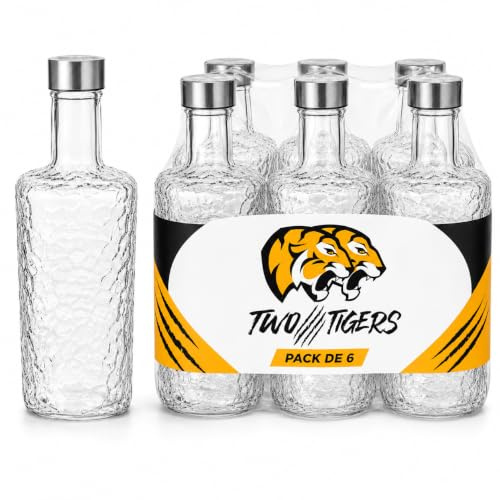 Two Tigers | Botella De Agua de Cristal | 1L | Pack de 6 Tipo New York | Tapón De Acero Inoxidable | Transparente Resistente No Alterar el Sabor | Reutilizable | Para Nevera Frigorífico y Lavavajillas