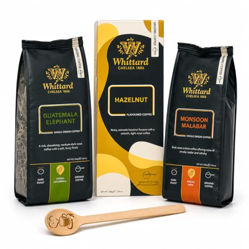 Ground Coffee Set – Coffee Selection Bundle (Monsoon Malabar, Guatemala Elephant, Hazelnut) + Wooden Stirrer – Premium Coffee Tasting Set By ECLECTUS