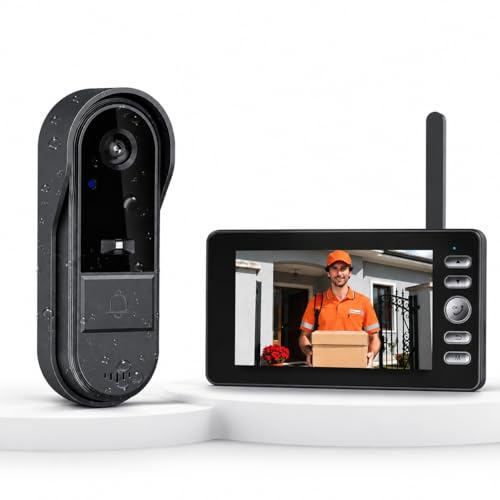 Winnes Videoportero Inalámbrico 2.4G con Pantalla 4.3, Timbre con Cámara, Audio Bidireccional, Visión Nocturna, IP65 Impermeable, Sin WiFi ni App, Interfono de Video para Casa