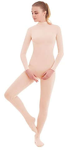 SUPRNOWA Women's Jumpsuit Bodycon Footed Unitard Long Sleeve Bodysuit with Zipper Comfortable Spandex One-Piece Dance Costume (M, Nude Footed)