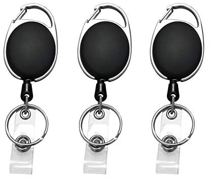JIKIOU Retractable Badge Reel with Carabiner Belt Clip and Key Ring for ID Card Key Keychain Badge Holder Black 3 Pack