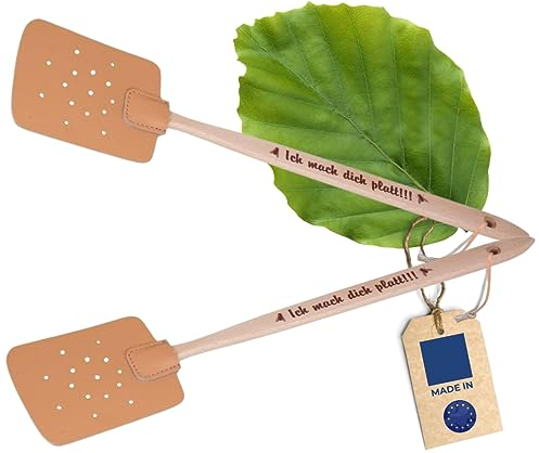 2X HOFMEISTER® Fliegenklatsche aus Buchenholz & Leder, aus Europa, Klatsche mit Spruch Aufdruck: Ich mach Dich platt!!!, praktischer Mücken-Schläger zum Insekten fangen, Mückenfänger, 47,5 cm