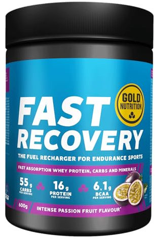 GoldNutrition, Fast Recovery Drink, Bebida Deportiva, Recuperador Muscular con BCAA, Carbohidratos y Proteína Aisalada de Suero, Ideal para la Recuperación Muscular, Sabor Maracuyá, 600 g