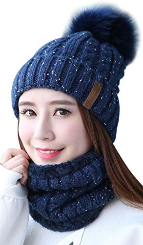 Damen Wintermütze Schal Set, Weichem Innenfutter Strickmütze und mit Fleecefutter, Winter Wärme Beanie Mütze Strickschal, Schlauchschal Hüte Mützen Kunstpelz Bommel Pom (Navy blau), Einheitsgröße