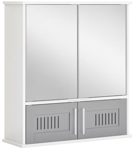 kleankin Bathroom Mirror Cabinet Wall Mounted Storage Cupboard Grey | Double Doors, Adjustable Shelf, Bathroom Organizer