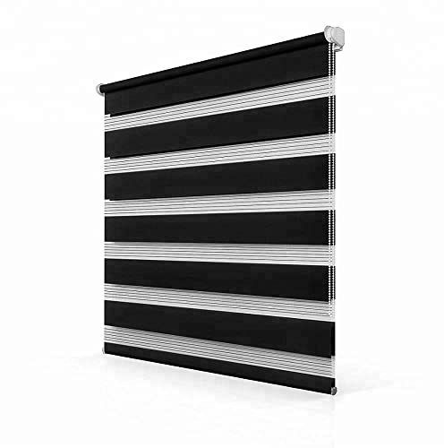 Funky Gadgets Day and Night Roller Blinds Dual Layer Fabric Zebra Blind Translucent or Blackout Vision Roller Shades No Drill Blinds Curtains for Windows and Doors Black, 49W x 165H cm