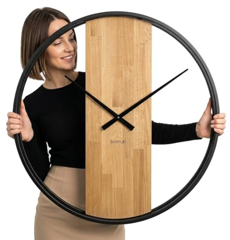 FLEXISTYLE Wanduhr groß ohne tickgeräusche LOFT OVAL Metall schwarz 3D XXL modern Holz Badezimmer Wohnzimmer (80cm Durchmesser) Natur Eiche