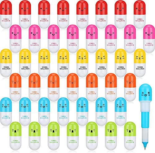 KAHEIGN 48 Pezzi Mini Penne a Sfera a Scomparsa, 6 Stili a Forma di Pillola con Volto Sorridente Simpatico Cartone Animato Favore Retrattile per Scuola Materna Home Scrivi