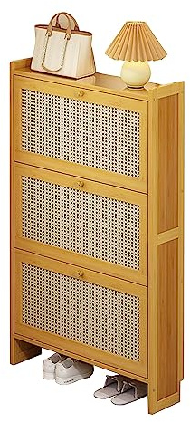 Rattan-Schrank, Schuhschrank für den Eingangsbereich, schmaler Schuhregal-Organizer, schmaler Schuhschrank, freistehender Schuhschrank aus Holz mit Metallbeinen für Eingangsbereich, Flur, Schlafzimmer