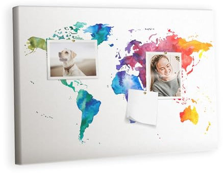 Tulup für Zimmer Pinnwand Tourkarte Kork Reise-Tracker mit Aufdruck 60x40 cm Leinwand - Aquarell Weltkarte