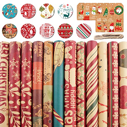 Geschenkpapier Weihnachten Set，12 Stück 9 Designs 70 cm x 50 cm Recycelbares Kraftpapier Weihnachtsgeschenkpapier，mit Weihnachtspapier Geschenkanhänger und Jute Schnur