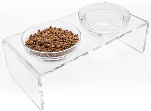 Acrylic Elevated Dog Cat Bowls Pet Feeder Double Bowl Raised Stand Comes with 2 Removable Glass Bowls and 2 Stainless Steel Bowls.Perfect for Large Dogs, 7.2 Tall